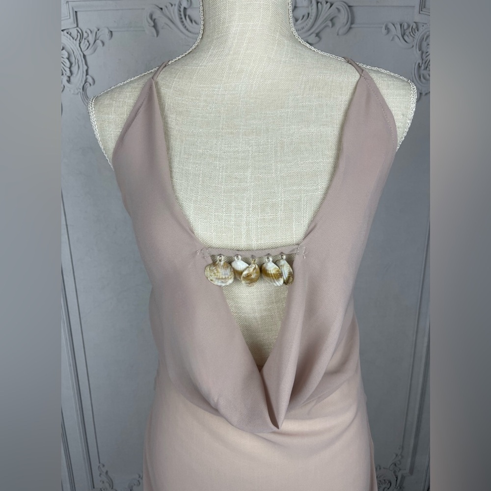 Elegant Chiffon Evening Gown Shell Trim Backless Sheer Maxi Dress Cocktail Party - Picture 10 of 14